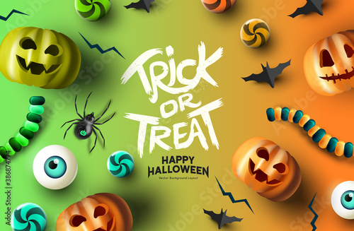 Fun happy halloween event mockup design background. including grinning jack o lantern pumpkins and treats. Vector illustration.