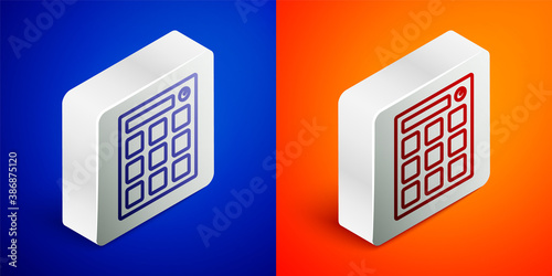 Isometric line Drum machine music producer equipment icon isolated on blue and orange background. Silver square button. Vector.