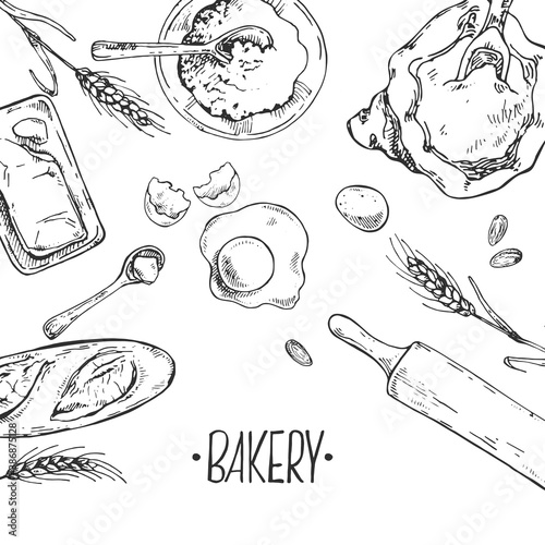 Hand drawn vector illustration of baking items and bakery. Pastry and bakery for fast food menu, cafe decor