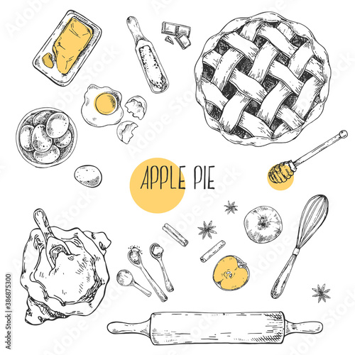 Hand drawn vector illustration of apple pie recipe. Inventory and bake cooking products. Pastry and bakery for fast food menu, cafe decor