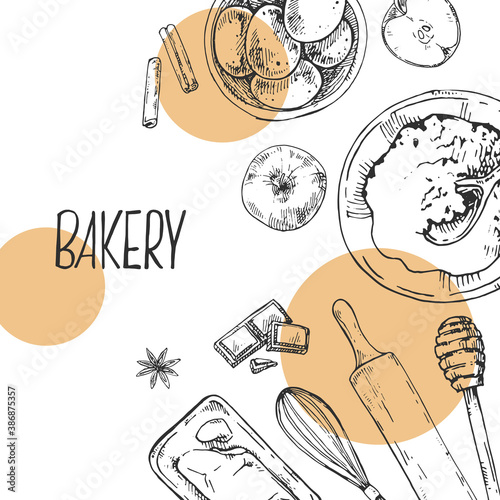 Hand drawn vector illustration of baking items and bakery. Pastry and bakery for fast food menu, cafe decor