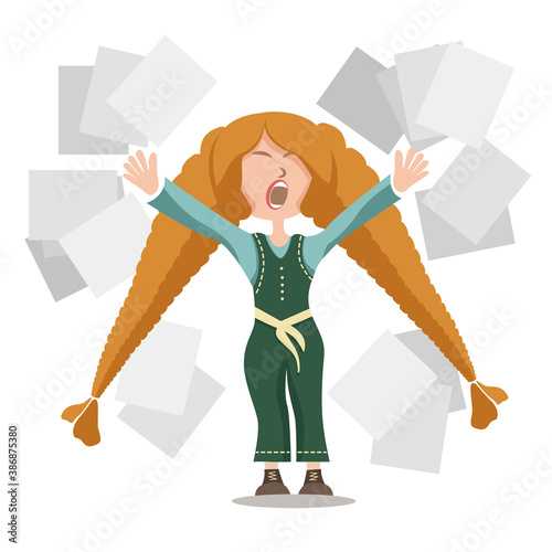 
A disgruntled girl scatters sheets of indignation, anger, Office worker, schoolboy. An idea for your business, education, educational and psychological trainings. Vector