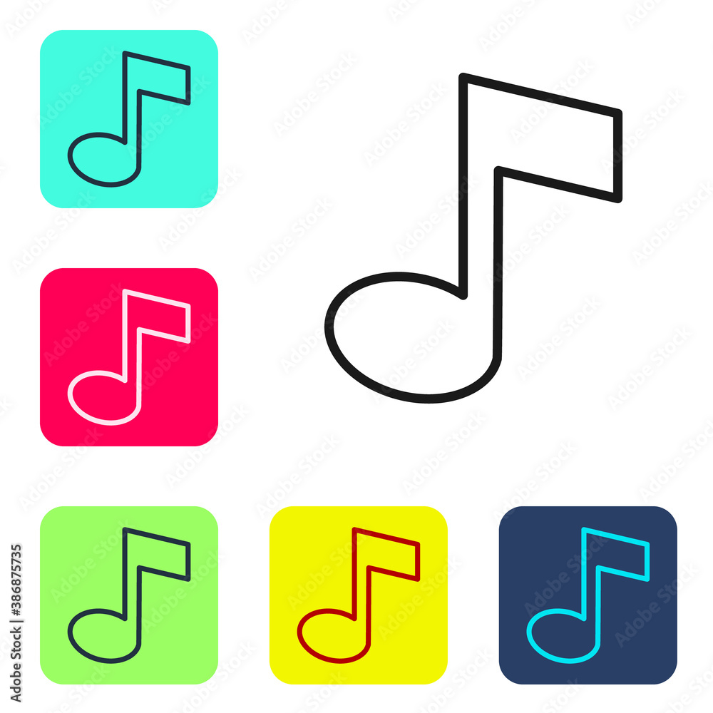 Black line Music note, tone icon isolated on white background. Set icons in color square buttons. Vector. Black line Music note, tone icon isolated on white background. Set icons in color square buttons. Vector.