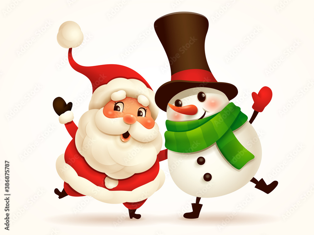 Santa Claus and Cheerful Snowman arm over shoulder. Vector illustration of Christmas character on plain background. Isolated. Santa Claus and Cheerful Snowman arm over shoulder. Vector illustration of Christmas character on plain background. Isolated.