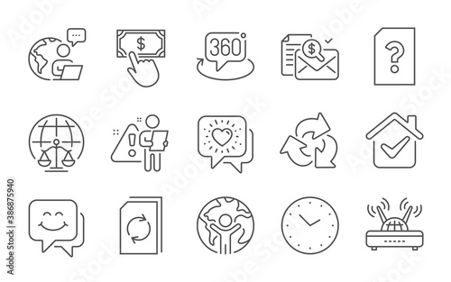 Magistrates court, Unknown file and Update document line icons set. Smile face, Wifi and Recycle signs. Friends chat, 360 degree and Payment click symbols. Line icons set. Vector