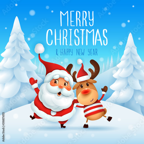 Merry Christmas! Santa Claus and Reindeer arm over shoulder. Vector illustration of Christmas character on snow scene.