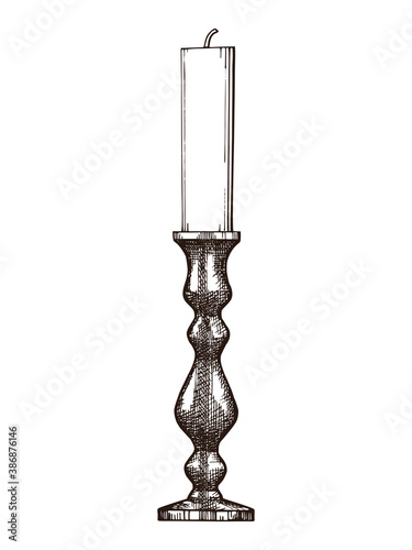 Candlestick with candle, hand drawn outline. Drawn with pen and ink and converted to vector image. Isolated on white background.
