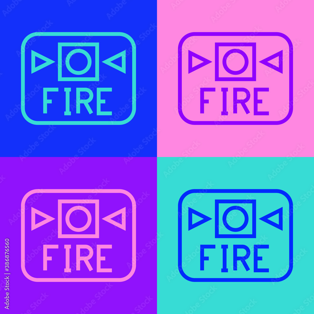 Pop art line Fire alarm system icon isolated on color background. Pull danger fire safety box. Vector. Pop art line Fire alarm system icon isolated on color background. Pull danger fire safety box. Vector.