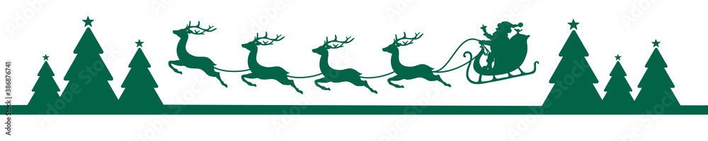Obraz premium Banner Fliegender Weihnachtsschlitten Über Wald Dunkelgrün