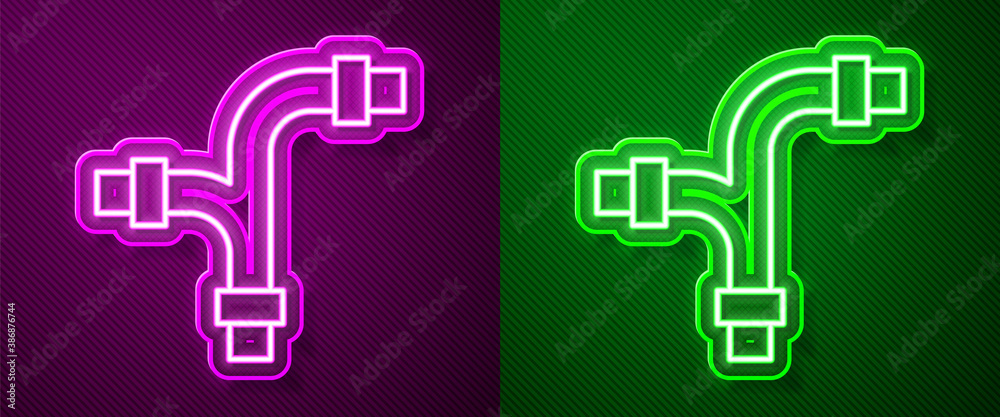Glowing neon line Industry metallic pipe icon isolated on purple and green background. Plumbing pipeline parts of different shapes. Vector.