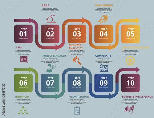 Infographic Business Intelligence template. Icons in different colors. Include Crm, Agile, Business Analytics, Data Mining and others.