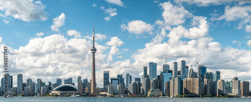Panoramic view of Toronto skyline and Lake Ontario during summer in Toronto, Ontario, Canada.