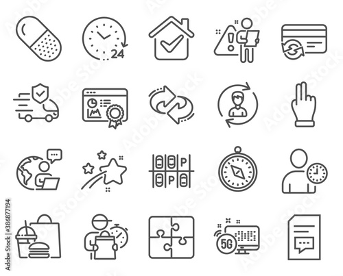 Business icons set. Included icon as Transport insurance, Change card, Travel compass signs. 5g internet, Time management, 24 hours symbols. Seo certificate, Capsule pill, Puzzle. Refresh. Vector