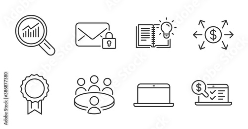 Product knowledge, Laptop and Dollar exchange line icons set. Reward, Data analysis and Online accounting signs. Secure mail, Meeting symbols. Education process, Mobile computer, Payment. Vector