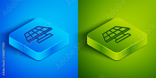 Isometric line Solar energy panel icon isolated on blue and green background. Square button. Vector.