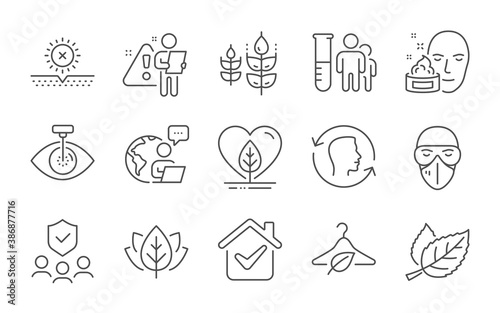 Organic tested, Slow fashion and Face id line icons set. Medical analyzes, No sun and Leaf signs. Eye laser, Face cream and Local grown symbols. Line icons set. Vector