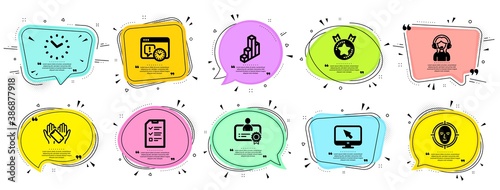 Technology icons set. Speech bubble offer banners. Vector coupon badge. Included icon as Time, Project deadline, Certificate signs. Smartphone holding, 3d chart, Support symbols. Vector
