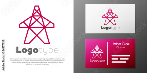 Logotype line Electric tower used to support an overhead power line icon isolated on white background. High voltage power pole line. Logo design template element. Vector.