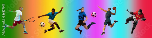 Jumping high. Sport collage of professional athletes on gradient multicolored neoned background, flyer. Concept of motion, action, power, active lifestyle. Tennis, football, soccer, basketball, hockey