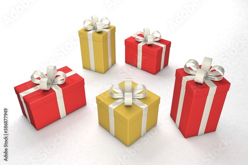 Red and yellow boxes with gifts on a white background. A set of surprises for the holiday. 3d render. © Andrii Zastrozhnov