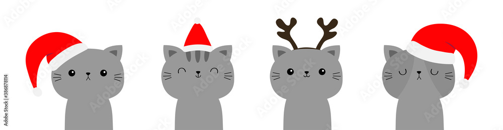 Cute Cat Icon. Face in Red Santa Hat. Merry Christmas. Funny