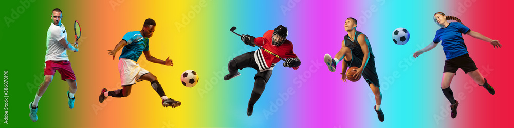 Obraz premium High flying. Sport collage of professional athletes on gradient multicolored neoned background, flyer. Concept of motion, action, power, active lifestyle. Tennis, football, hockey, basketball, soccer