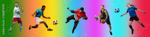 High flying. Sport collage of professional athletes on gradient multicolored neoned background, flyer. Concept of motion, action, power, active lifestyle. Tennis, football, hockey, basketball, soccer