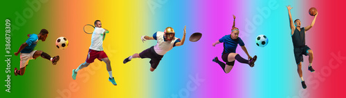 In high jump. Sport collage of professional athletes on gradient multicolored neoned background, flyer. Concept of motion, action, power, active lifestyle. Football, soccer, basketball, tennis