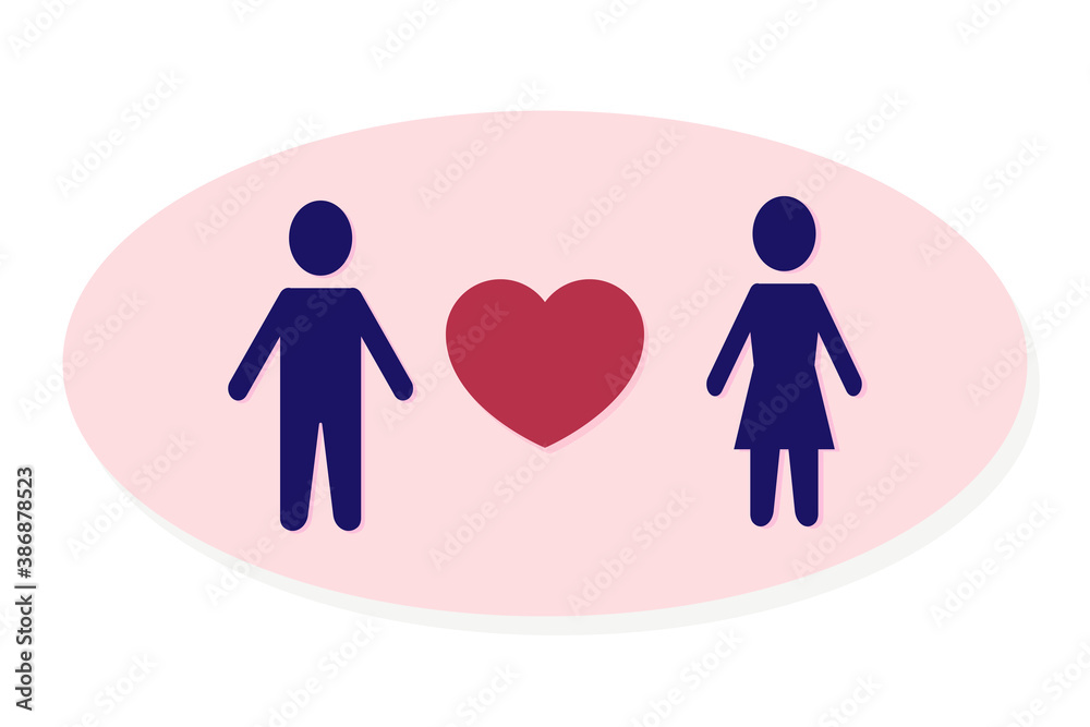 Symbols of a man and a woman with a heart between them. Couple in love. Minimalistic romantic poster Symbols of a man and a woman with a heart between them. Couple in love. Minimalistic romantic poster