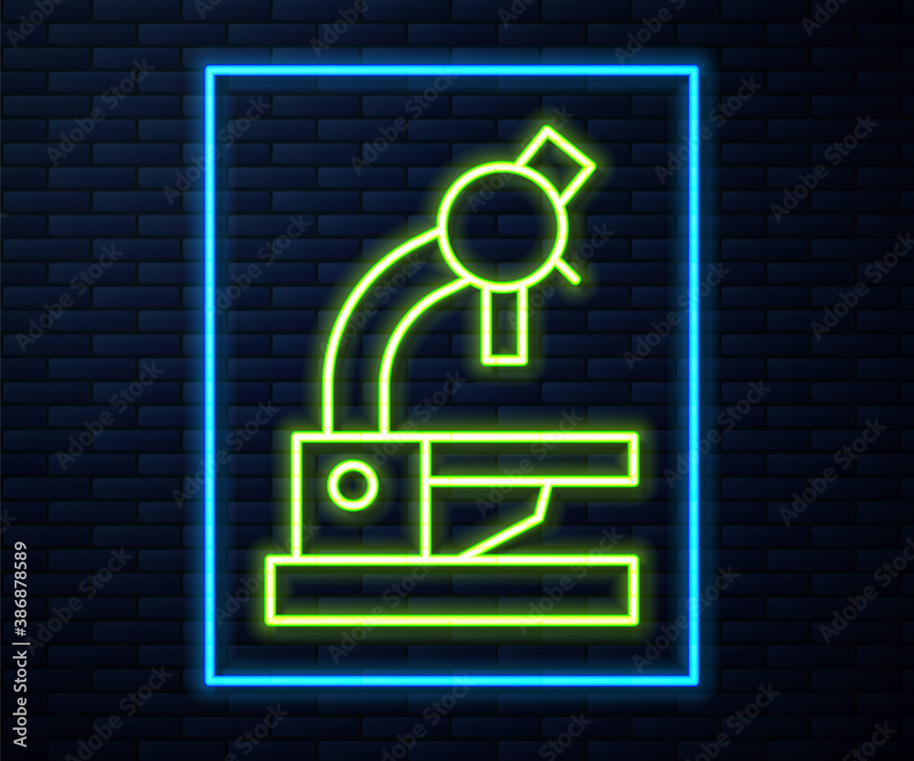Glowing neon line Microscope icon isolated on brick wall background. Chemistry, pharmaceutical instrument, microbiology magnifying tool. Vector.