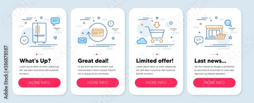 Set of Business icons, such as Refund commission, Refrigerator, Online market symbols. Mobile screen app banners. Marketplace line icons. Cashback card, Two-chamber fridge, Shopping cart. Vector