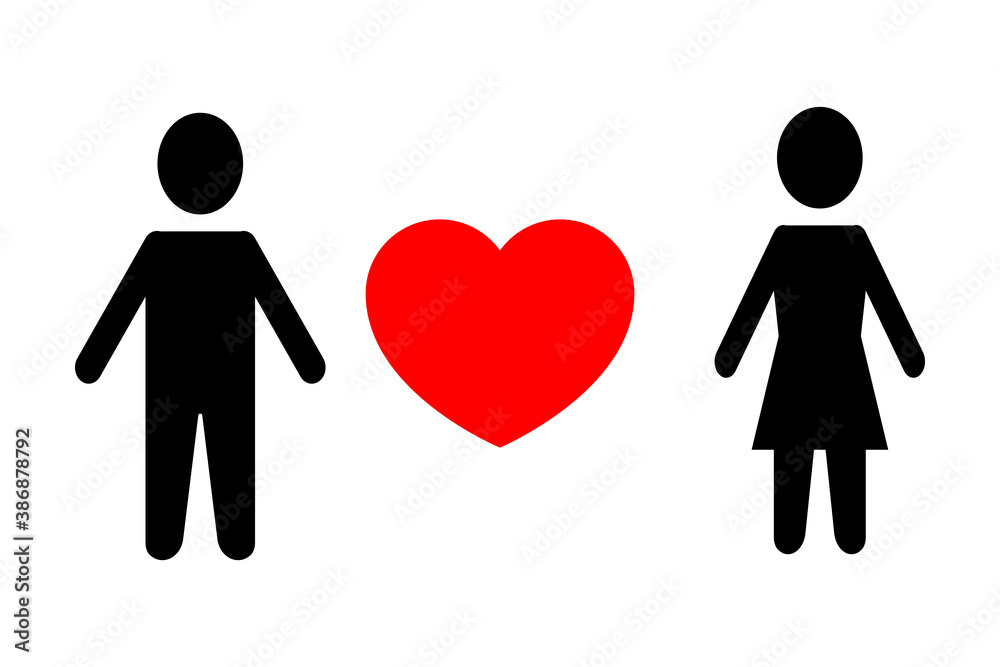 Symbols of a man and a woman with a heart between them. Couple in love. Minimalistic romantic poster Symbols of a man and a woman with a heart between them. Couple in love. Minimalistic romantic poster