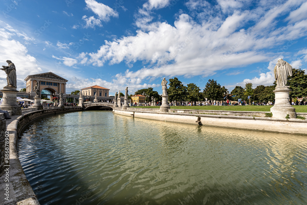 Prato della Valle, famous town square in Padua downtown, one of the largest in Europe. Veneto, Italy. It is an oval square with 78 statues, 4 bridges and an island.