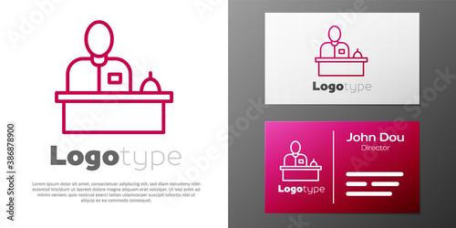 Logotype line Receptionist standing at hotel reception desk icon isolated on white background. Logo design template element. Vector.