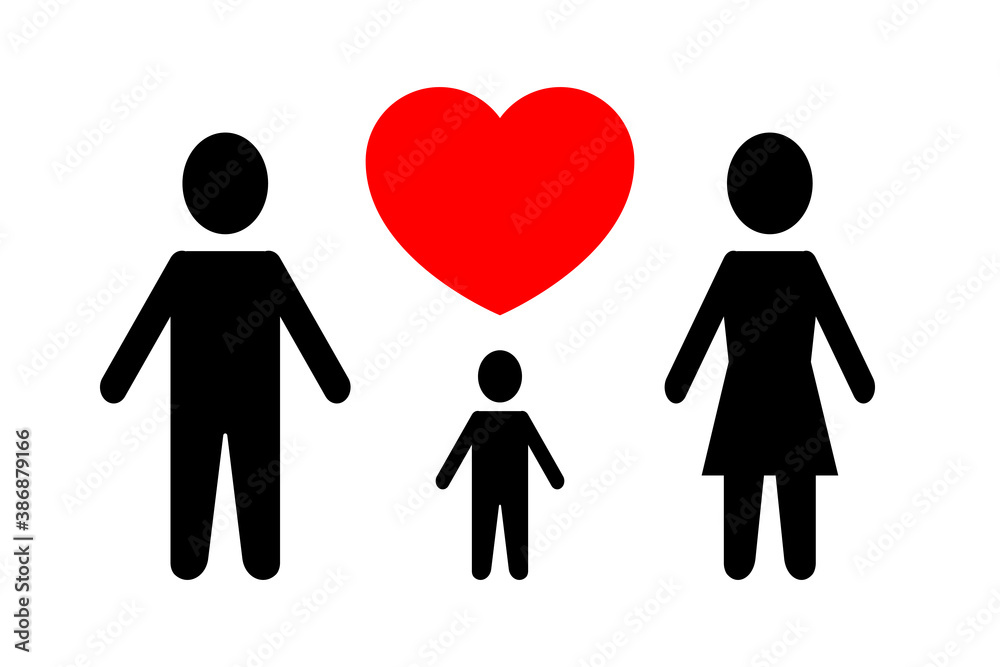 Black silhouettes of family and red heart on a white background. Mom, dad and son. Family with a child. Black silhouettes of family and red heart on a white background. Mom, dad and son. Family with a child.
