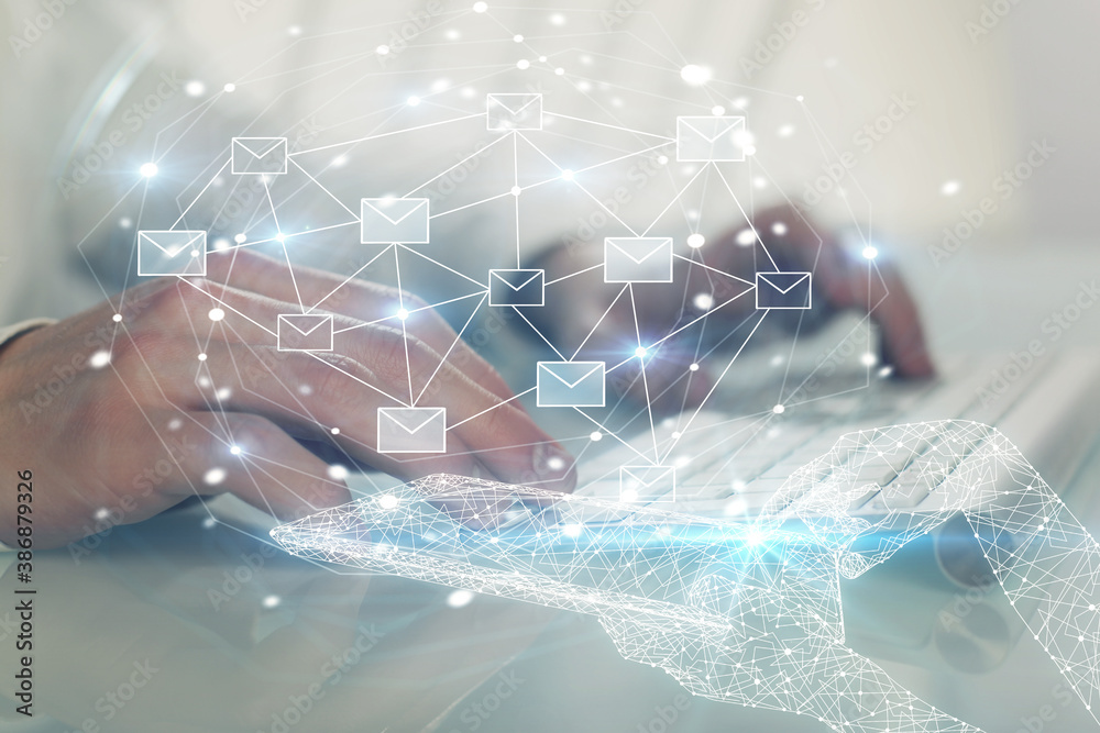 Envelop holograms with businessman working on computer on background. E-mail concept. Multi exposure. Envelop holograms with businessman working on computer on background. E-mail concept. Multi exposure.