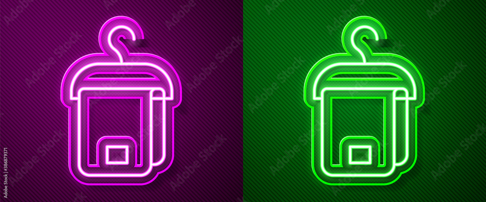 Glowing neon line Towel on hanger icon isolated on purple and green background. Bathroom towel icon. Vector. Glowing neon line Towel on hanger icon isolated on purple and green background. Bathroom towel icon. Vector.