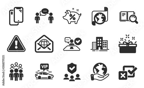 Checkbox, Search book and Smartphone icons simple set. Translation service, Loan percent and Consulting business signs. Job interview, Web mail and Group people symbols. Flat icons set. Vector