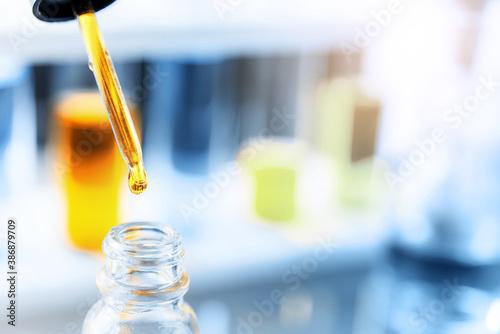 Test tube containing chemical liquid in laboratory, lab chemistry or science research and development concept. 