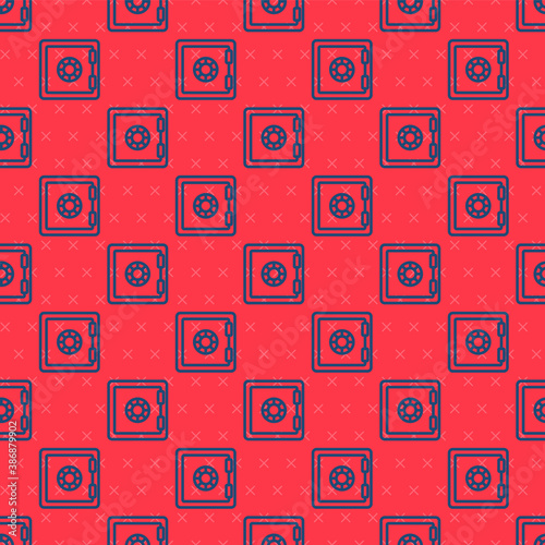 Blue line Safe icon isolated seamless pattern on red background. The door safe a bank vault with a combination lock. Reliable Data Protection. Vector.