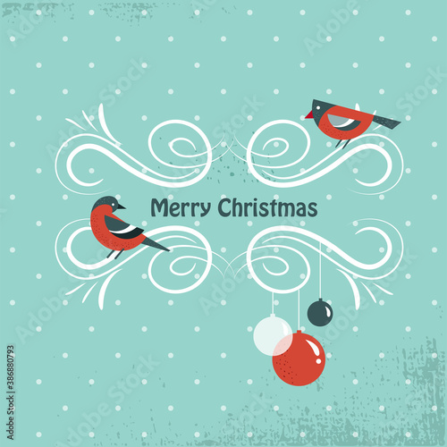 Merry Christmas greeting card template with robins and Christmas balls