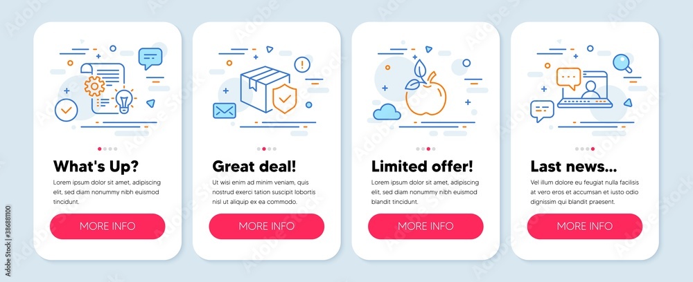 Set of Business icons, such as Parcel insurance, Cogwheel, Eco food symbols. Mobile screen app banners. Friends chat line icons. Delivery care, Idea bulb, Organic tested. Message. Vector
