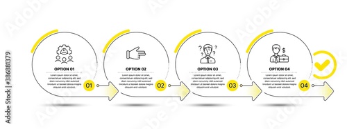 Engineering team, Support consultant and Click hand line icons set. Timeline process infograph. Businessman case sign. Engineer person, Question mark, Direction finger. Human resources. Vector