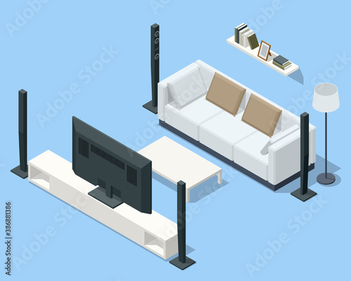 Isometric home theater, audio system isolated on white background. Home cinema speaker.