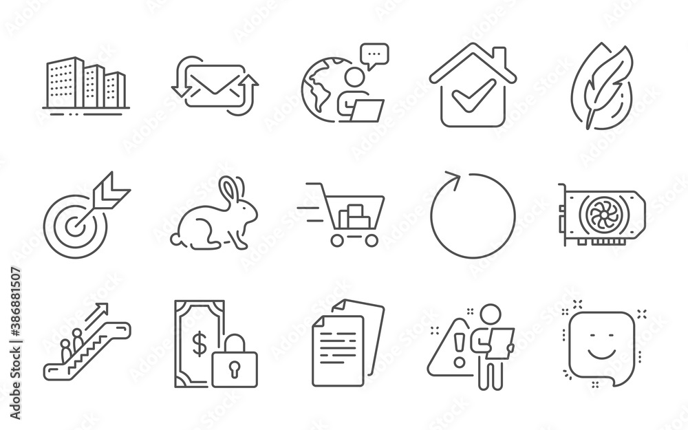 Hypoallergenic tested, Buildings and Smile line icons set. Documents, Escalator and Shopping cart signs. Loop, Private payment and Gpu symbols. Animal tested, Target and Refresh mail. Vector Hypoallergenic tested, Buildings and Smile line icons set. Documents, Escalator and Shopping cart signs. Loop, Private payment and Gpu symbols. Animal tested, Target and Refresh mail. Vector