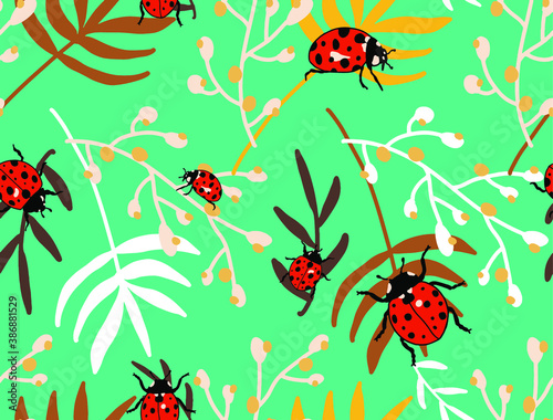 Abstract Hand Drawing Tropical Exotic Leaves and Branches with Ladybugs Repeating Vector Pattern Isolated Background