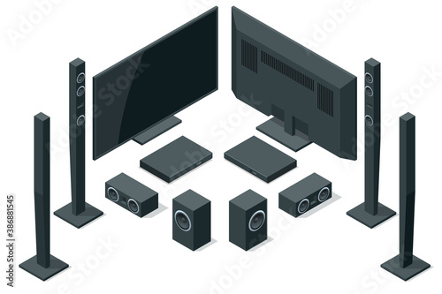 Isometric home theater, audio system isolated on white background. Home cinema speaker set.