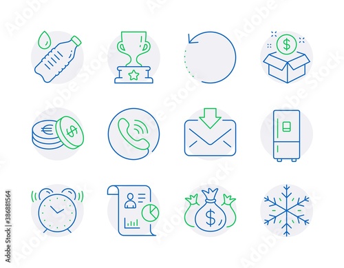 Business icons set. Included icon as Alarm clock, Recovery data, Incoming mail signs. Check investment, Call center, Winner cup symbols. Water bottle, Refrigerator, Savings. Report. Vector