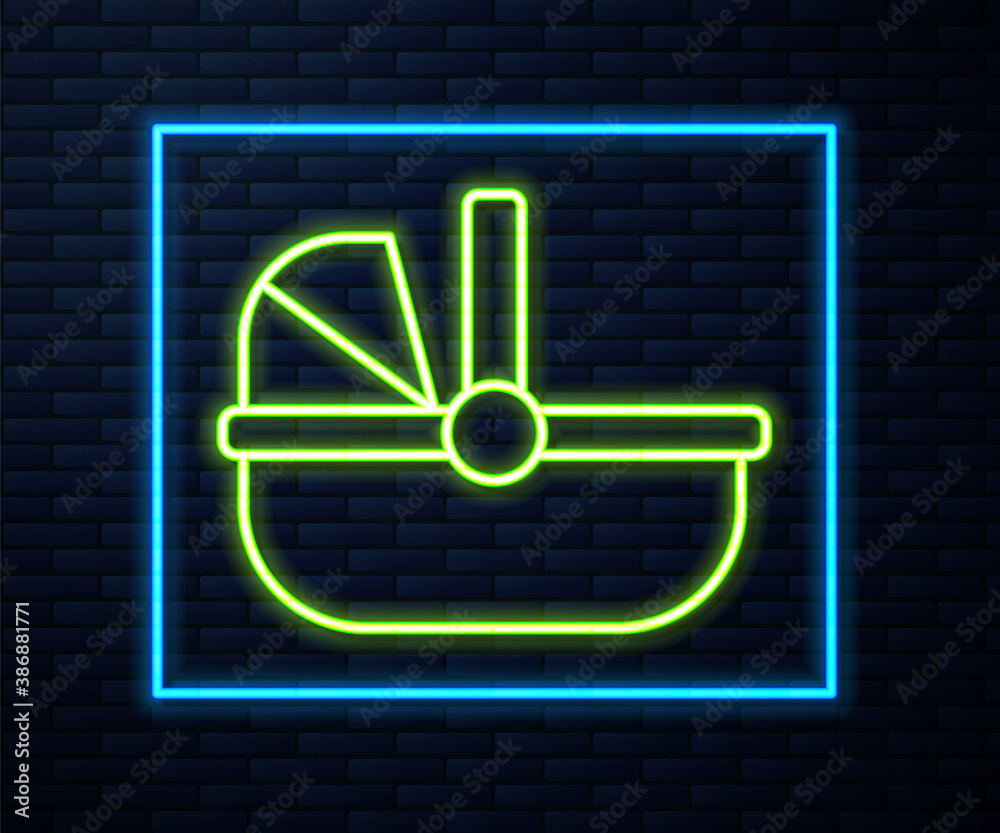 Glowing neon line Baby stroller icon isolated on brick wall background. Baby carriage, buggy, pram, stroller, wheel. Vector. Glowing neon line Baby stroller icon isolated on brick wall background. Baby carriage, buggy, pram, stroller, wheel. Vector.