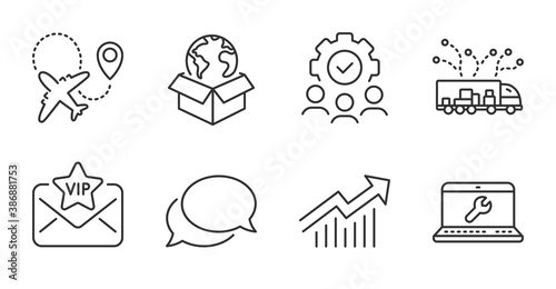 Teamwork, Demand curve and Truck delivery line icons set. Airplane, Delivery service and Vip mail signs. Laptop repair, Messenger symbols. Workflow, Statistical report, Logistics. Vector